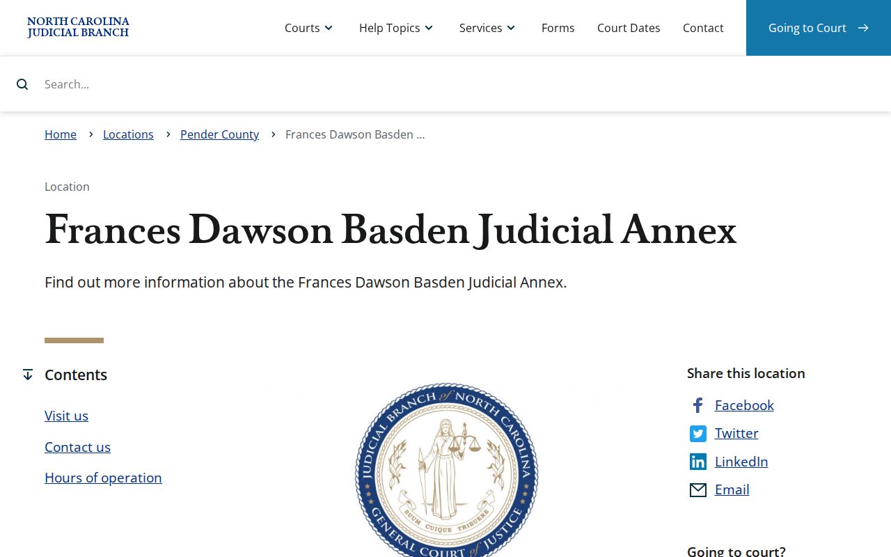 Pender County court calendar Frances Dawson Basden Judicial Annex source