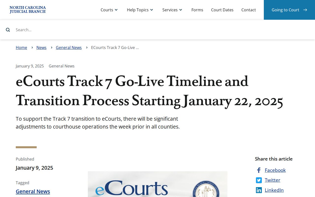 Pender County court calendar eCourts transition timeline source