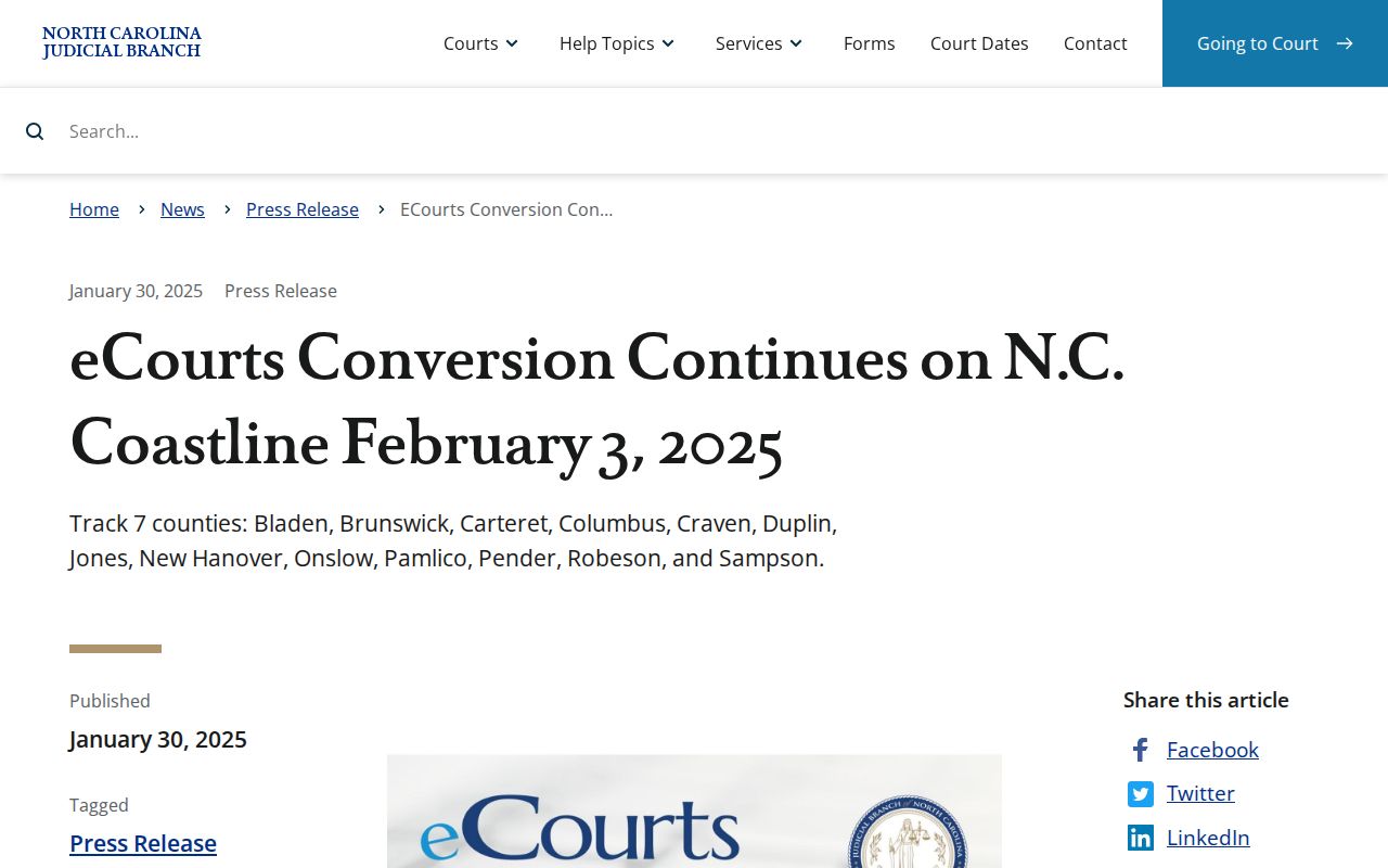 Pender County court calendar eCourts conversion announcement source