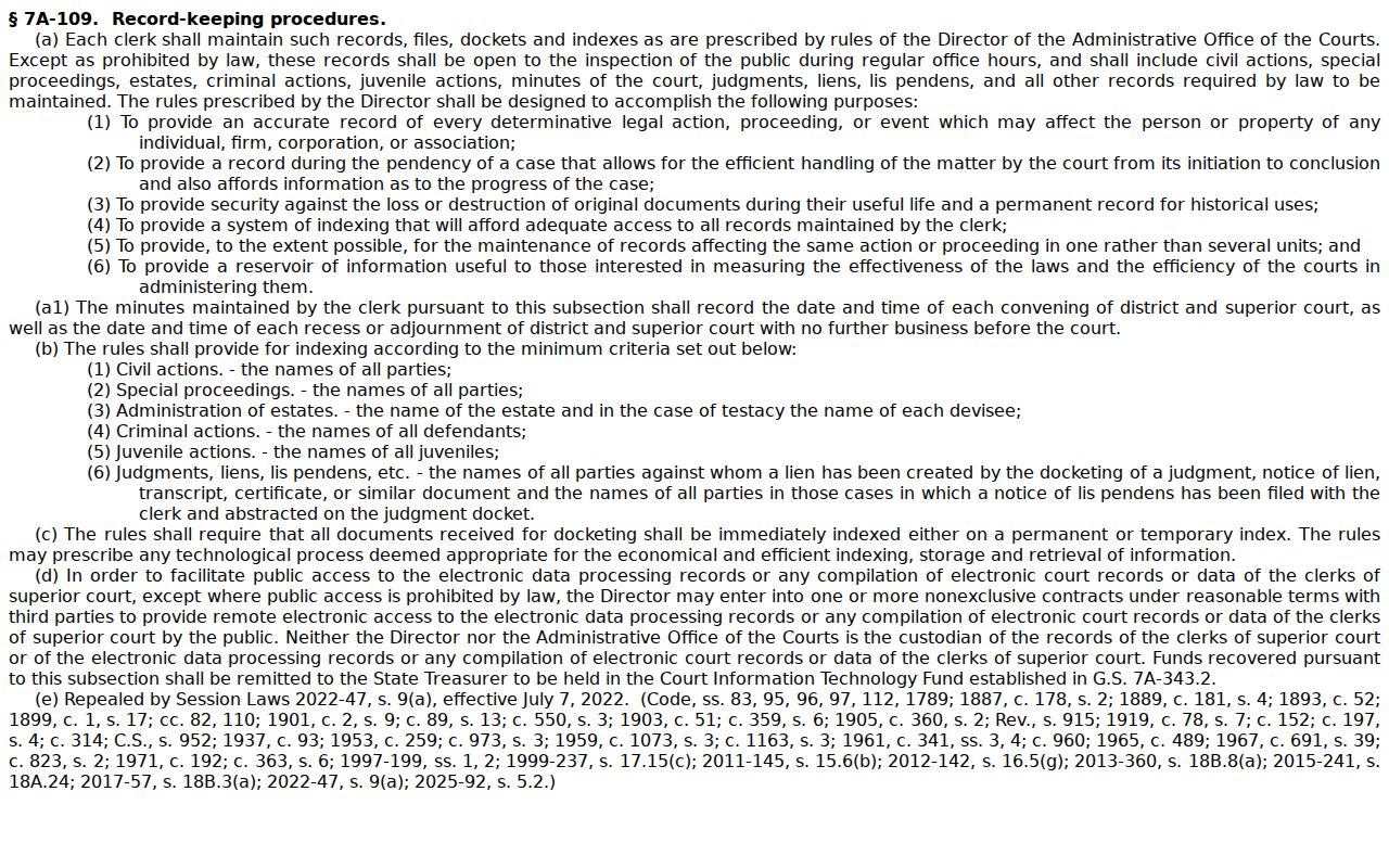 Pender County court records clerk inspection statute