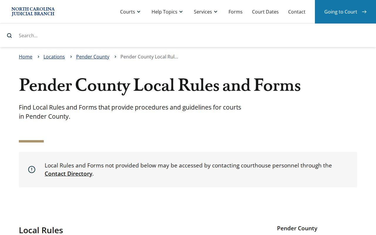 Pender County criminal docket local rules and calendar resources