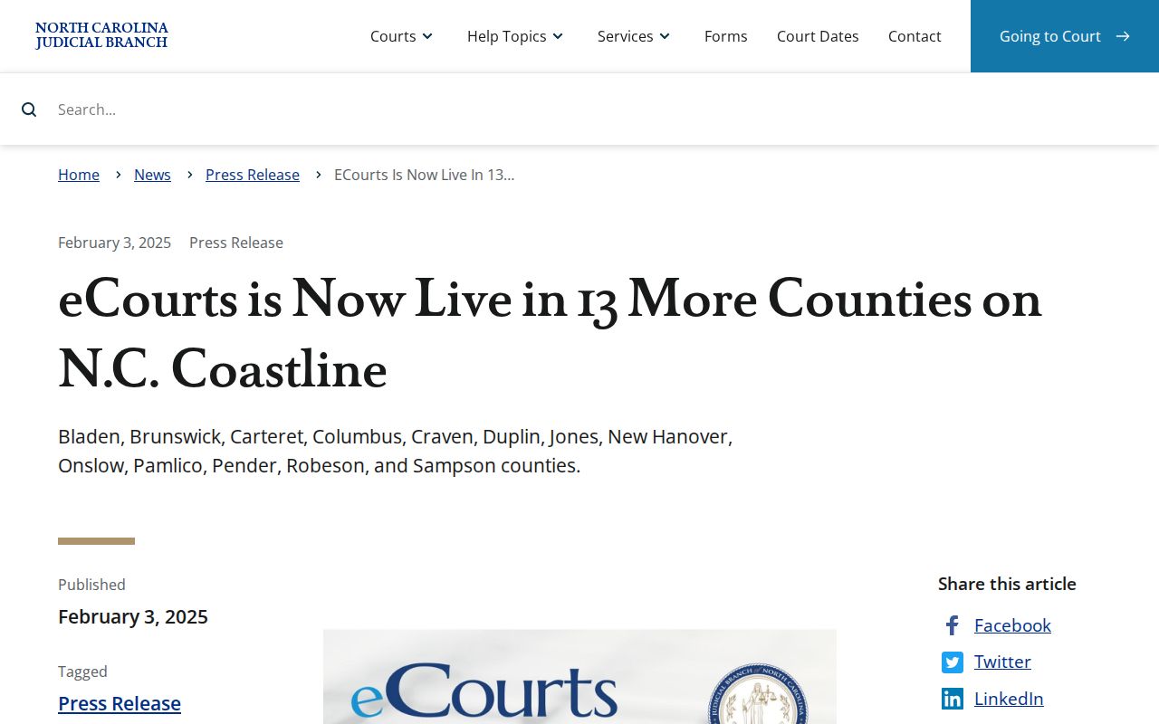 Pender County court docket eCourts launch announcement