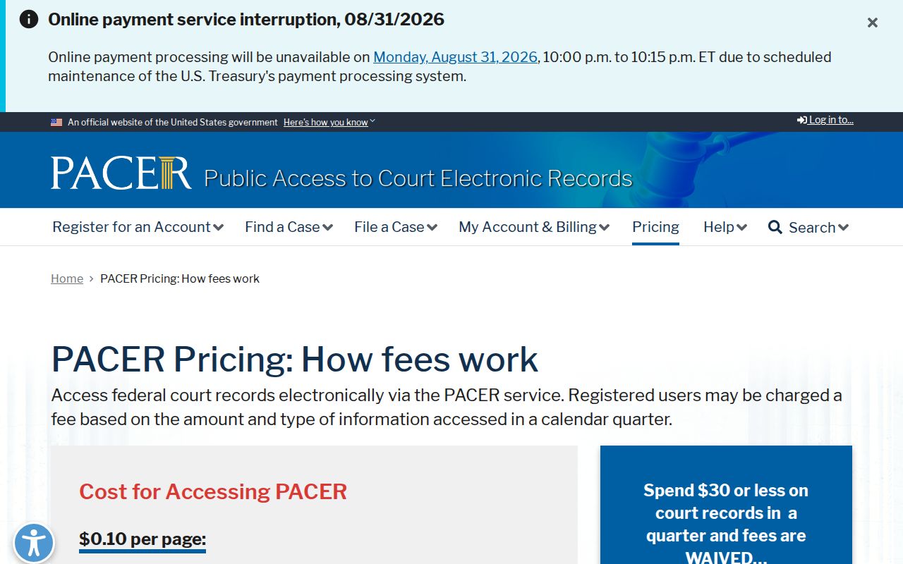 Pender County court docket PACER pricing information